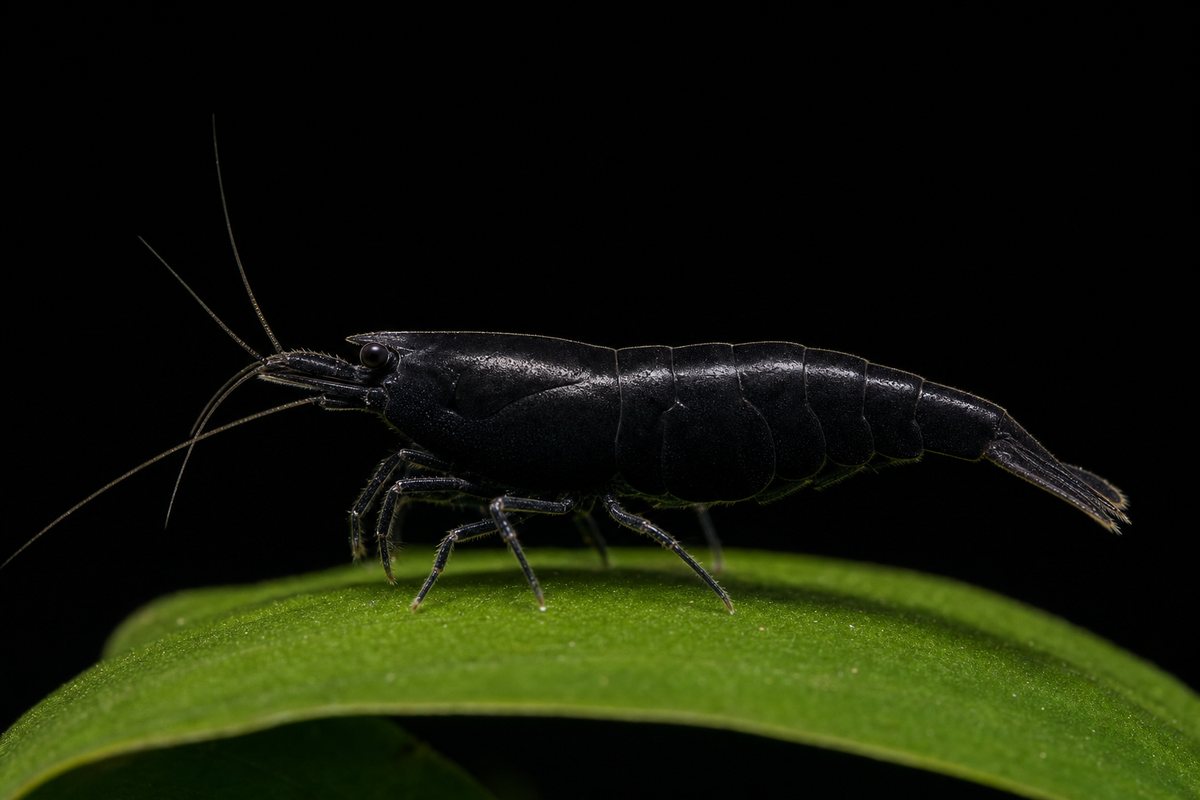 Black Cherry shrimp — illustration of the shrimp we sell, side-on on a black background
