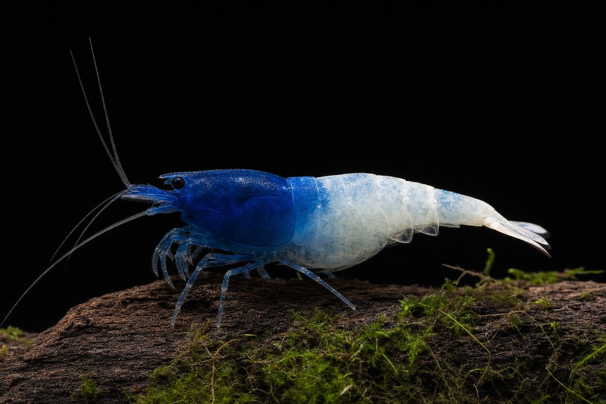 Blue Bolt shrimp — illustration of the shrimp we sell, side-on on a black background