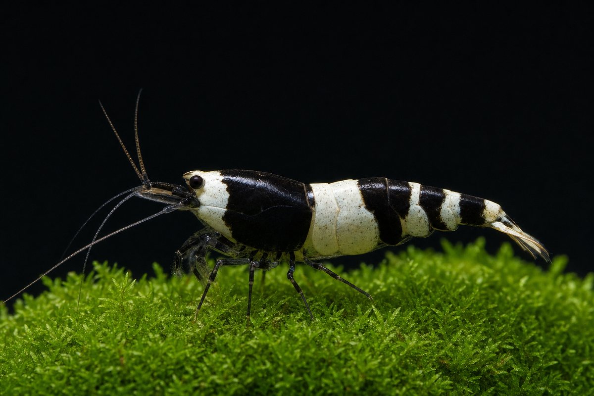 Crystal Black (CBS) shrimp — illustration of the shrimp we sell, side-on on a black background