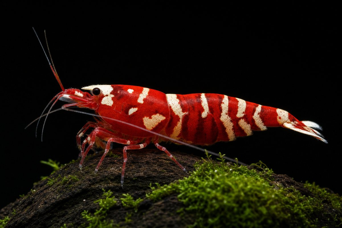Fancy Red Tiger shrimp — illustration of the shrimp we sell, side-on on a black background