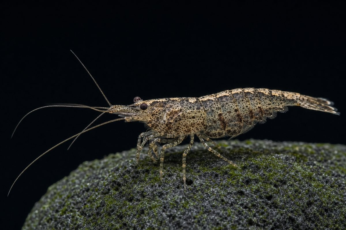 Ninja Shrimp — illustration of the shrimp we sell, side-on on a black background