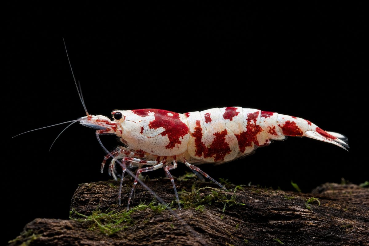 Red Calico Dragon shrimp — illustration of the shrimp we sell, side-on on a black background