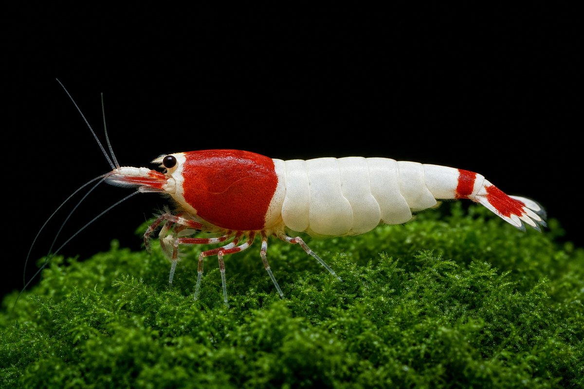 Super Crystal Red shrimp — illustration of the shrimp we sell, side-on on a black background
