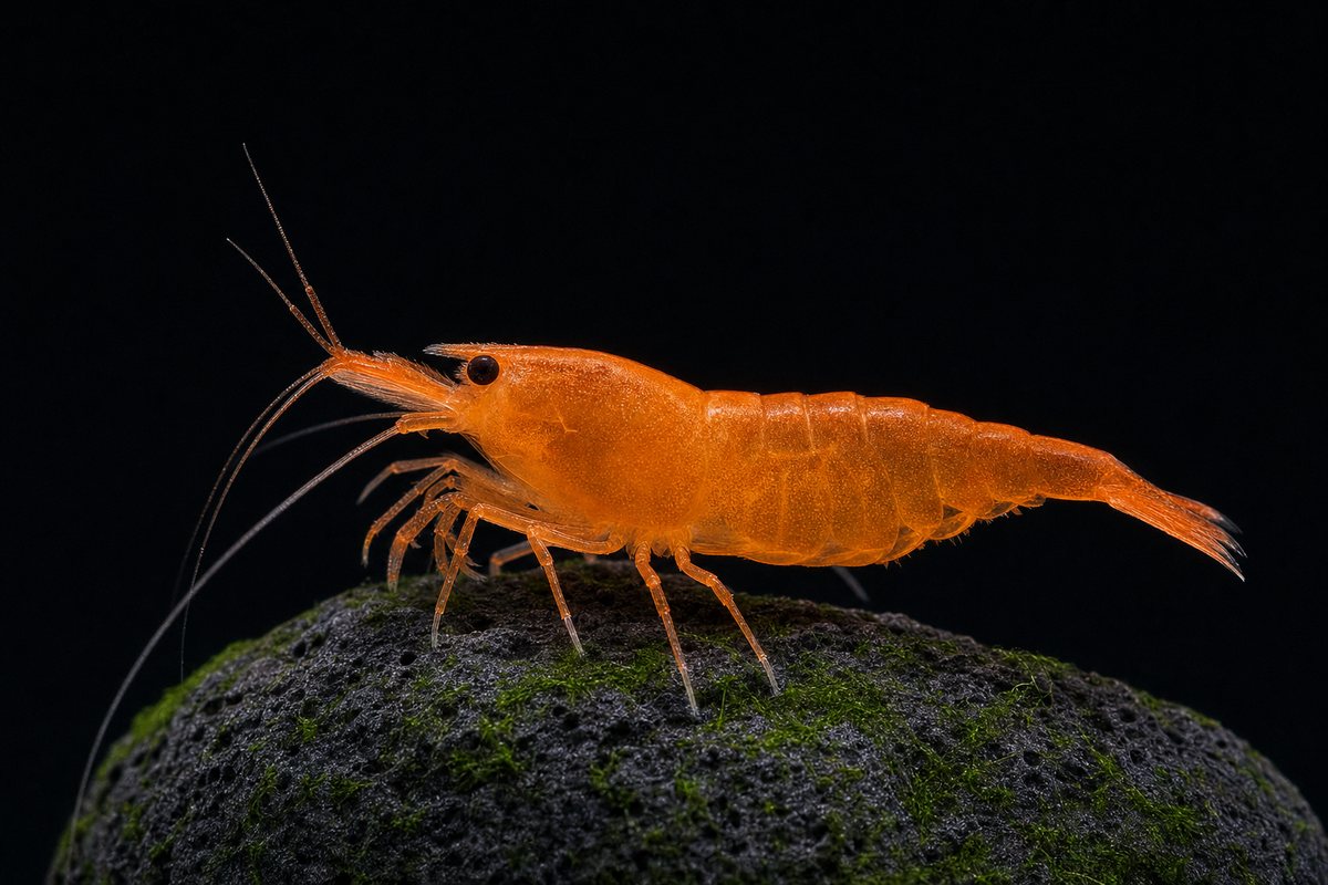 Tangerine Tiger shrimp — illustration of the shrimp we sell, side-on on a black background